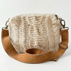 Cream Knit Crossbody Bag with Suede Brown Strap